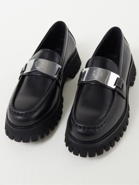 Maje Black Leather Platform Loafers with Silver Maje Insignia Plate EU Sz 38